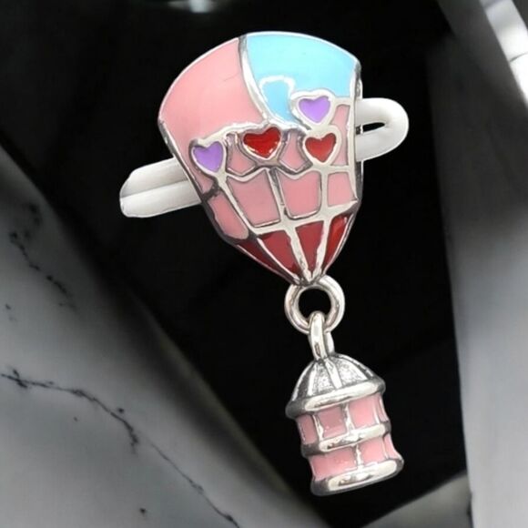 Hot Air Balloon Charm S925 Sterling Silver Pink Hearts Slide-On Bracelet Pendant - Picture 9 of 9
